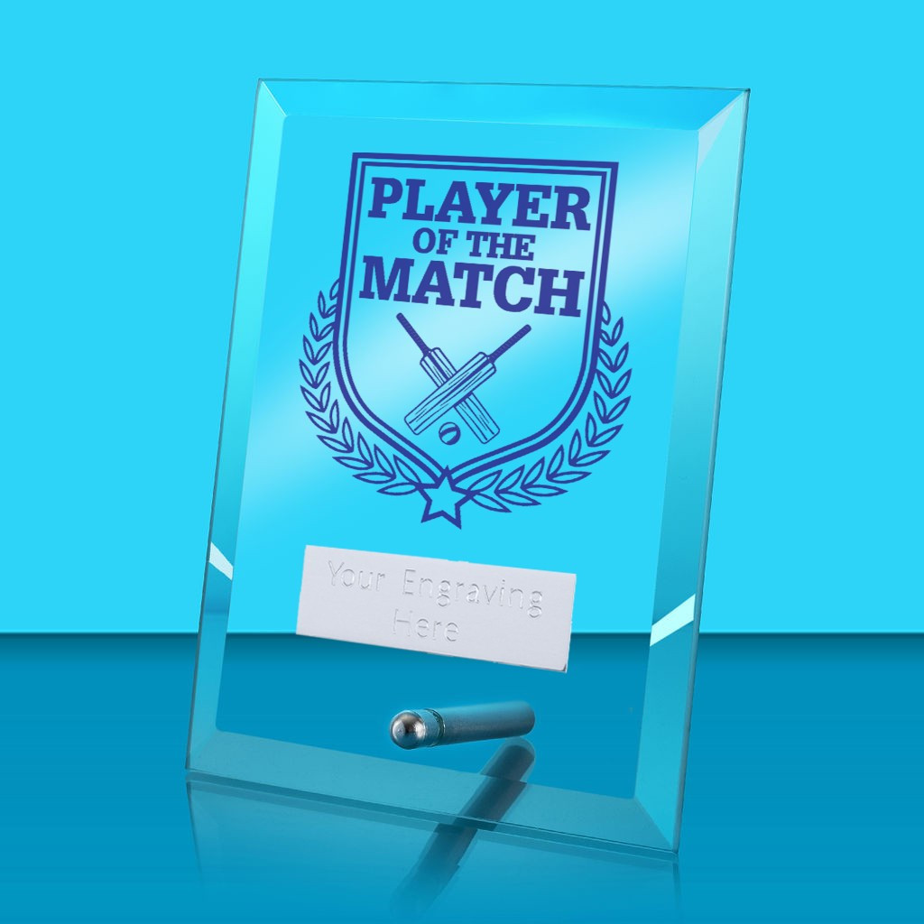 UV Colour Printed Cricket Player of the Match Glass Rectangle Award with Metal Pin