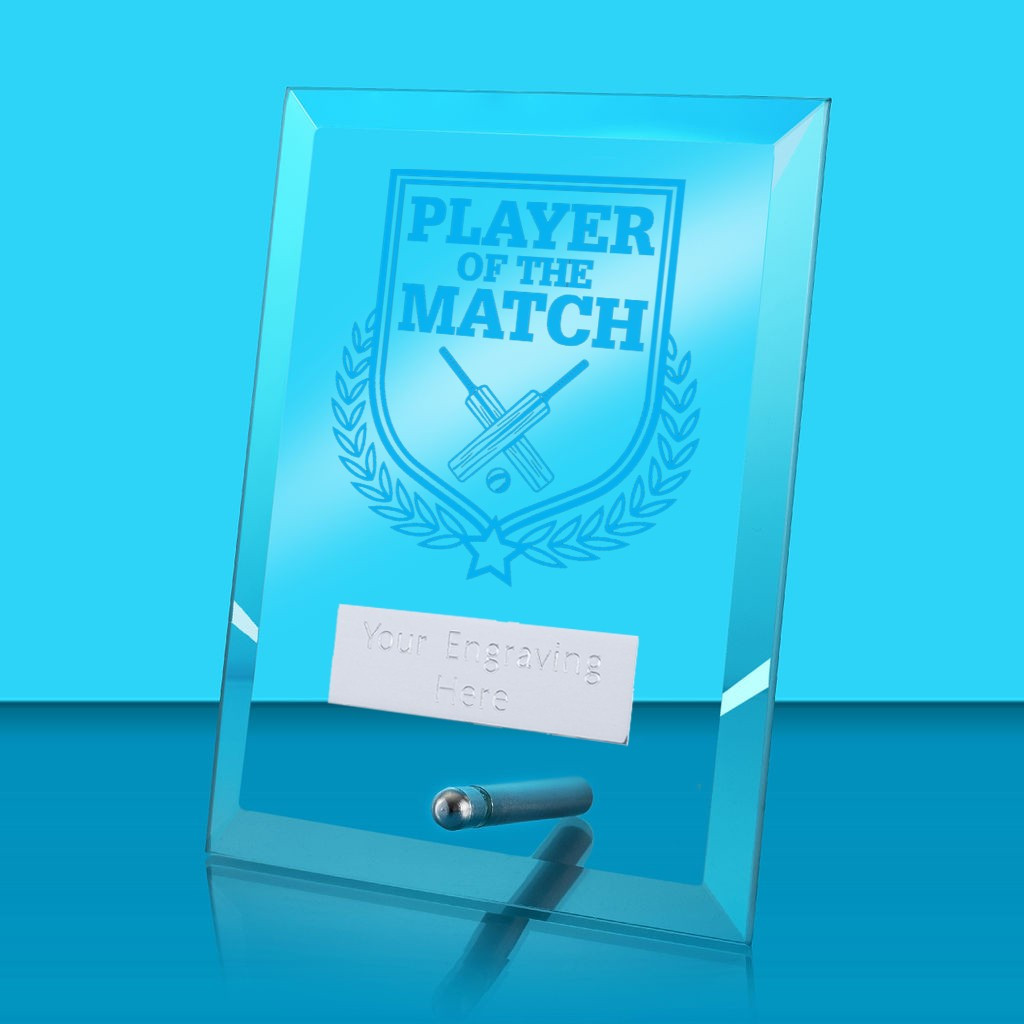 UV Colour Printed Cricket Player of the Match Glass Rectangle Award with Metal Pin