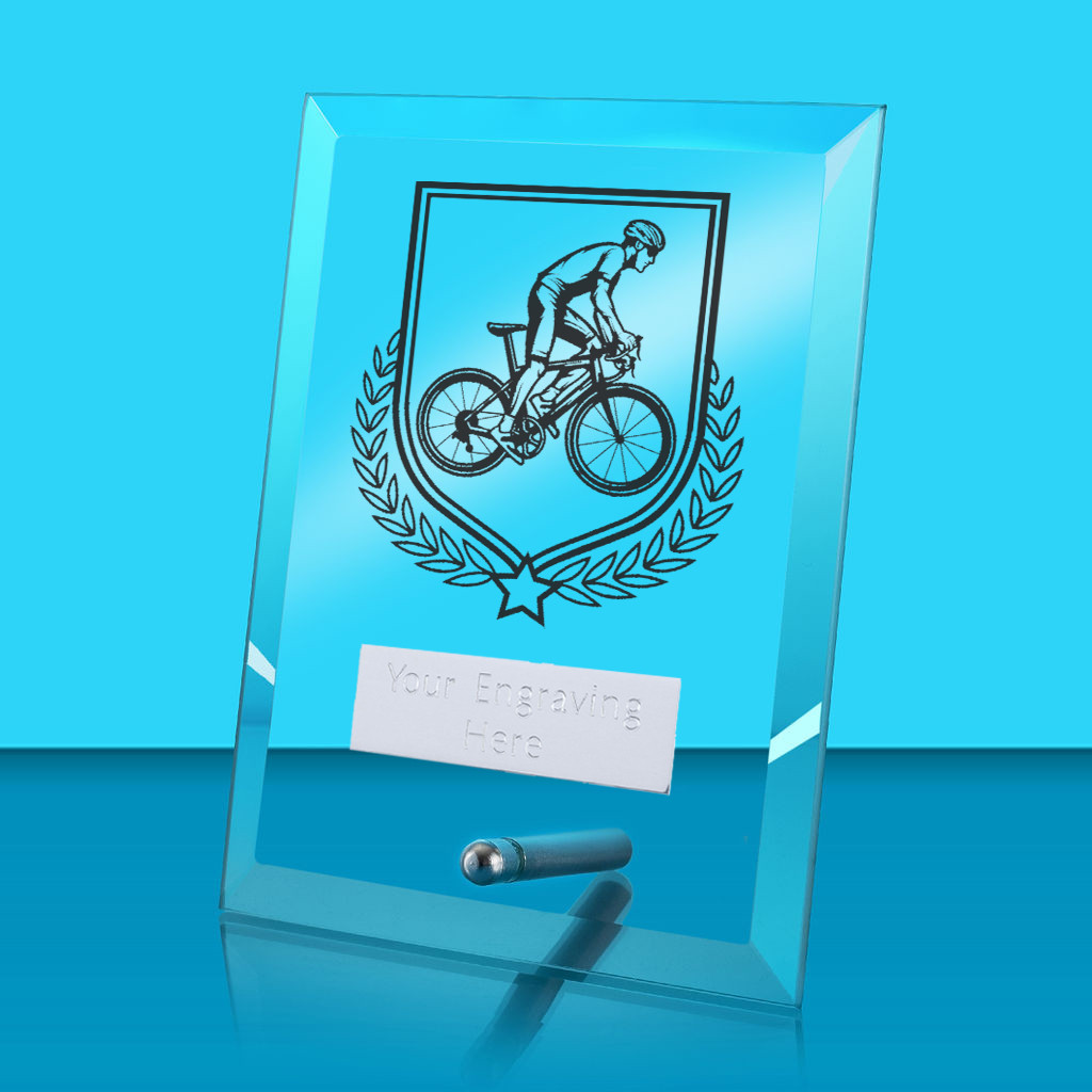 UV Colour Printed Cycling Glass Rectangle Award with Metal Pin