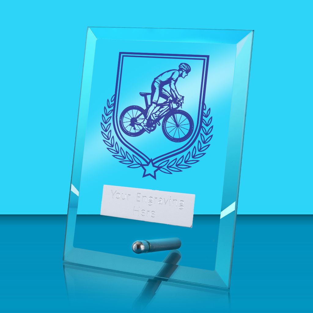 UV Colour Printed Cycling Glass Rectangle Award with Metal Pin