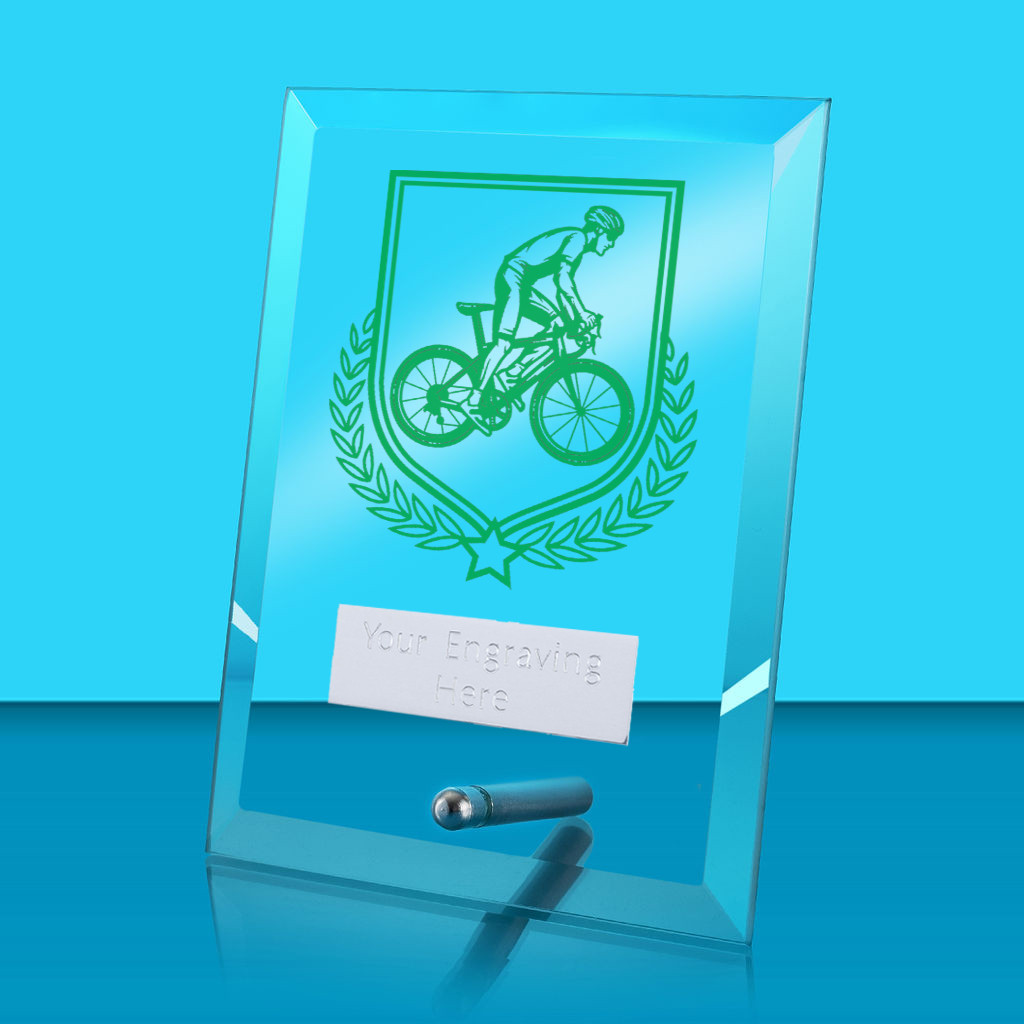 UV Colour Printed Cycling Glass Rectangle Award with Metal Pin