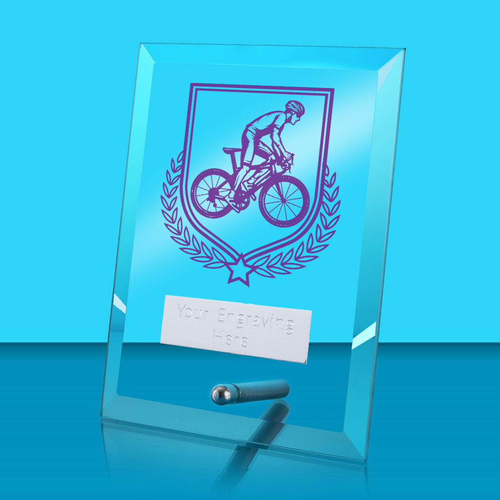 UV Colour Printed Cycling Glass Rectangle Award with Metal Pin