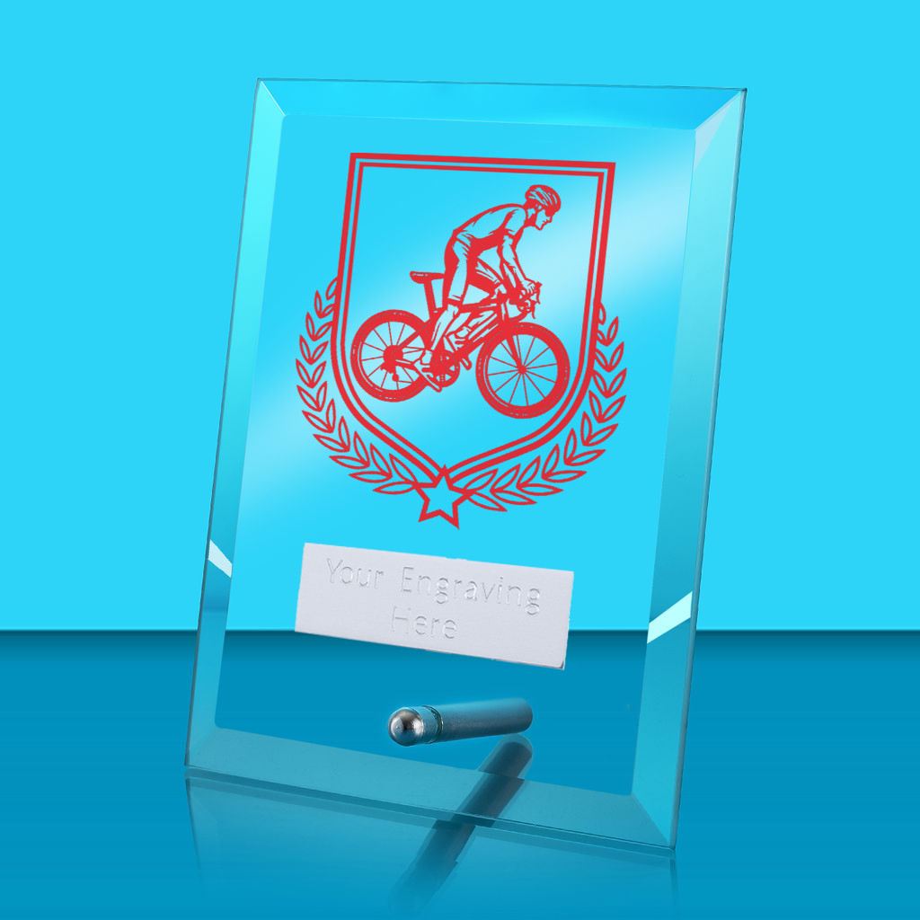 UV Colour Printed Cycling Glass Rectangle Award with Metal Pin