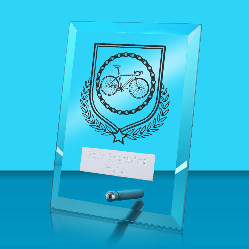UV Colour Printed Cycling Glass Rectangle Award with Metal Pin