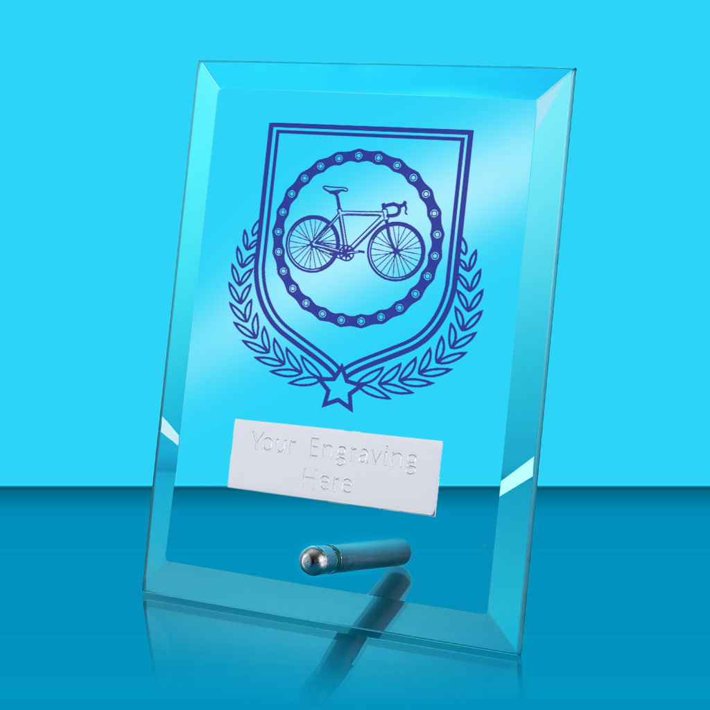 UV Colour Printed Cycling Glass Rectangle Award with Metal Pin