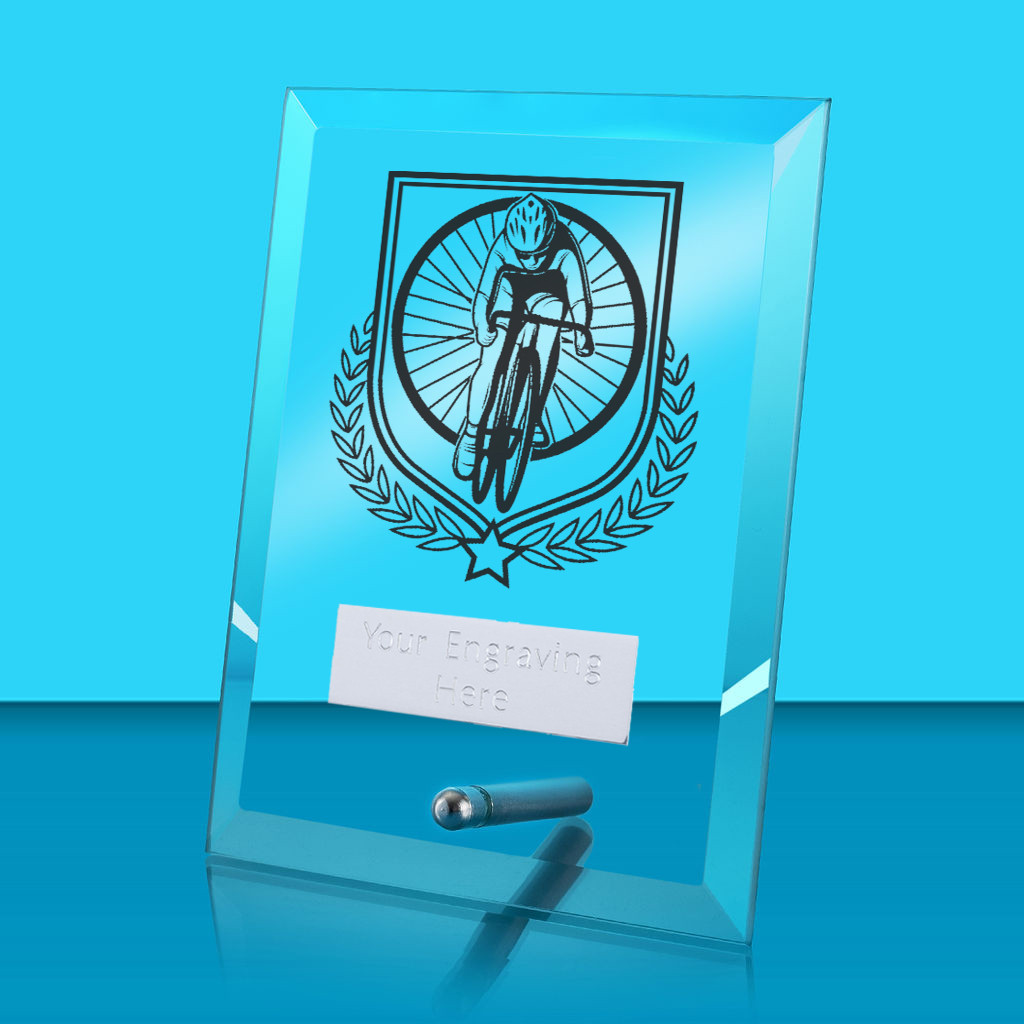 UV Colour Printed Cycling Glass Rectangle Award with Metal Pin