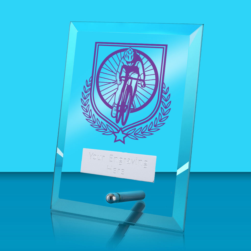 UV Colour Printed Cycling Glass Rectangle Award with Metal Pin