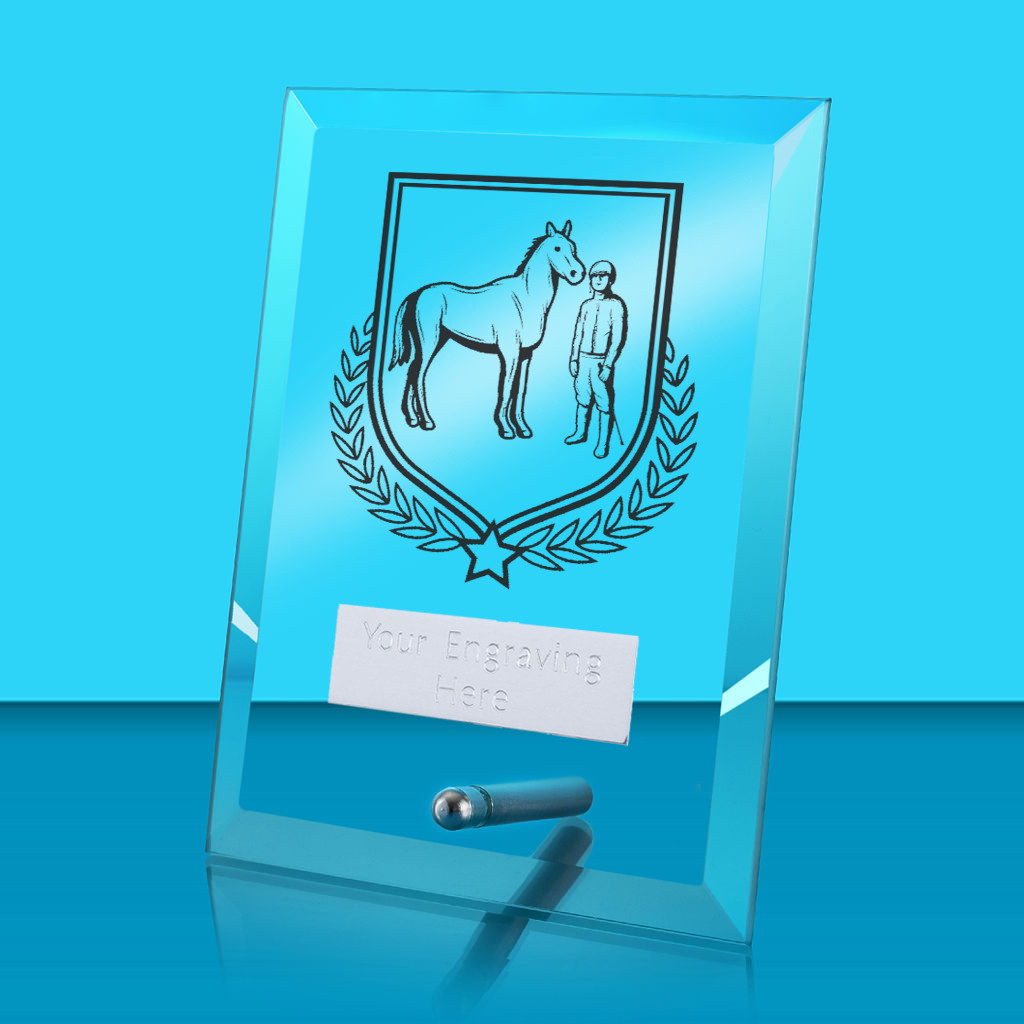 UV Colour Printed Equestrian Glass Rectangle Award with Metal Pin