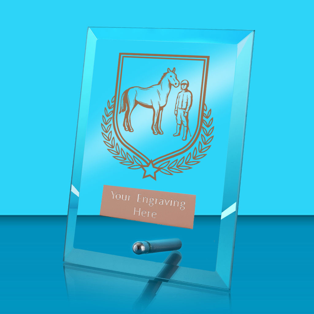 UV Colour Printed Equestrian Glass Rectangle Award with Metal Pin