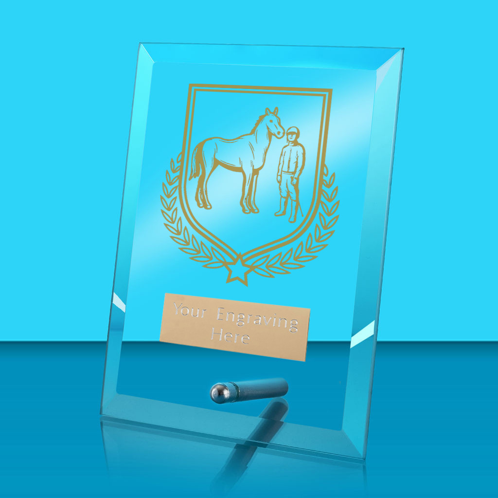 UV Colour Printed Equestrian Glass Rectangle Award with Metal Pin