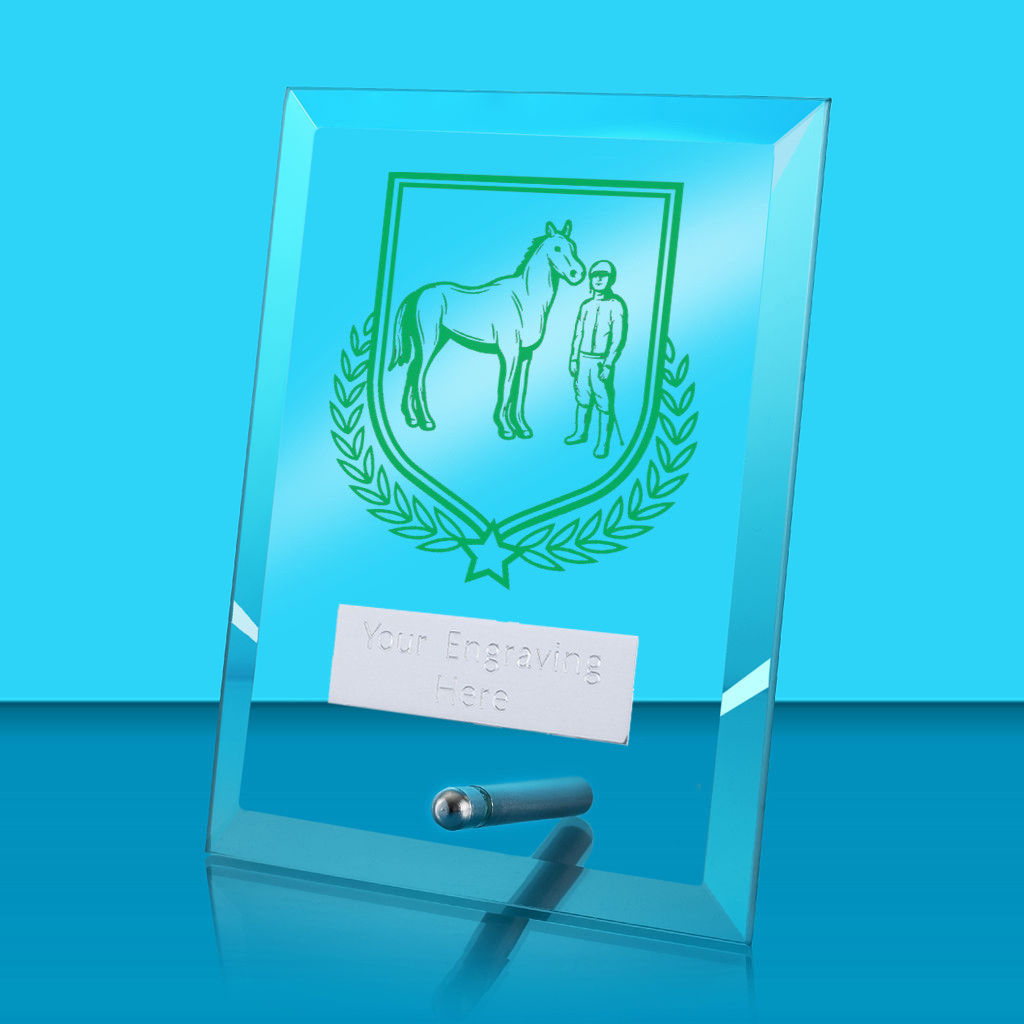 UV Colour Printed Equestrian Glass Rectangle Award with Metal Pin