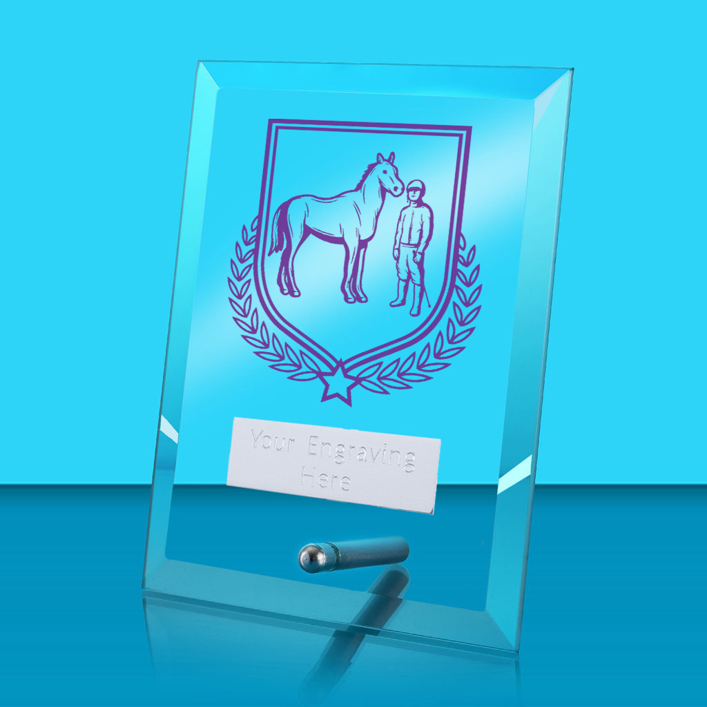 UV Colour Printed Equestrian Glass Rectangle Award with Metal Pin
