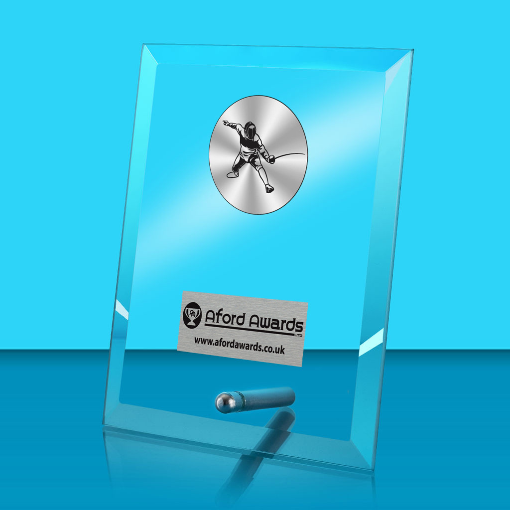 Fencing Glass Rectangle Award with Metal Pin