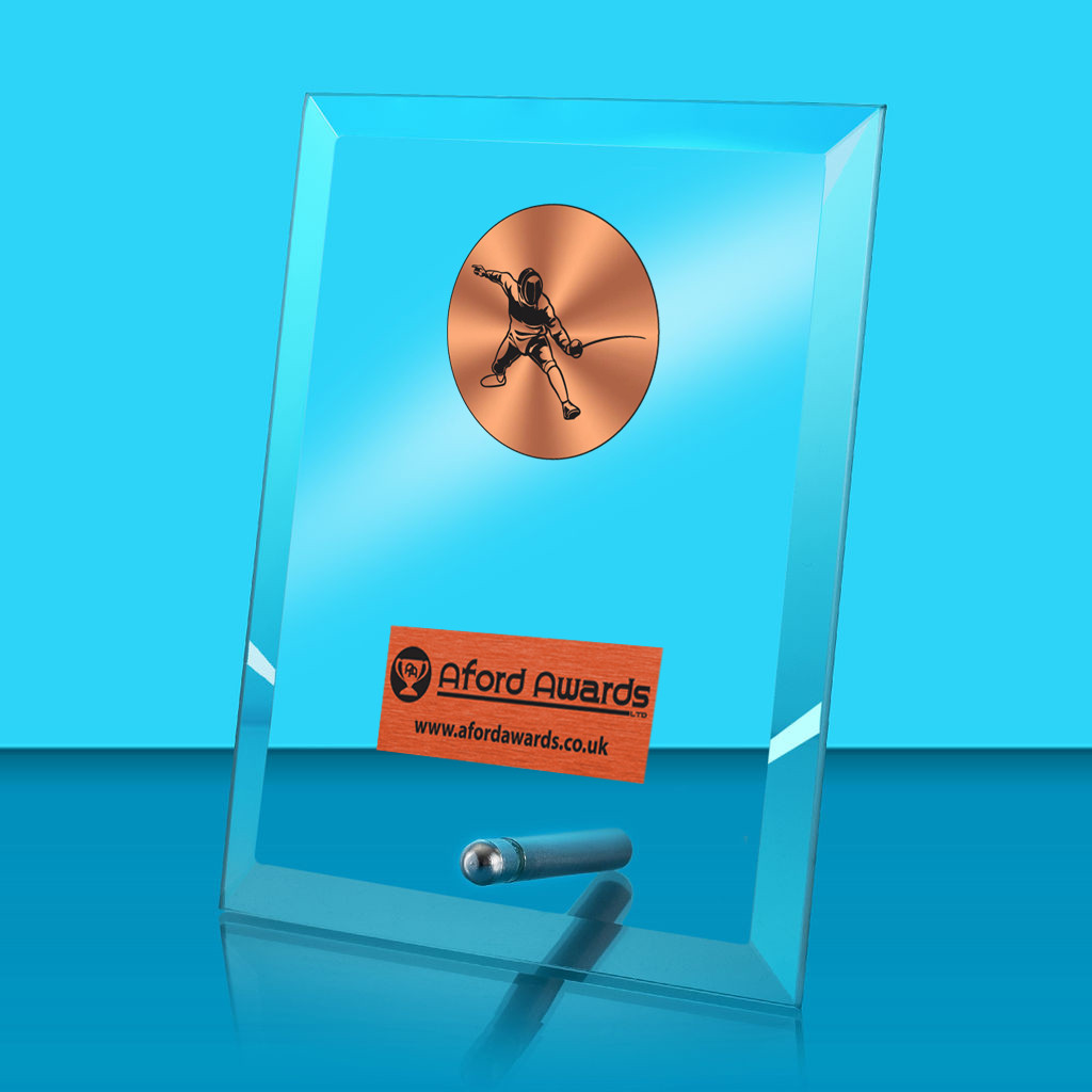 Fencing Glass Rectangle Award with Metal Pin