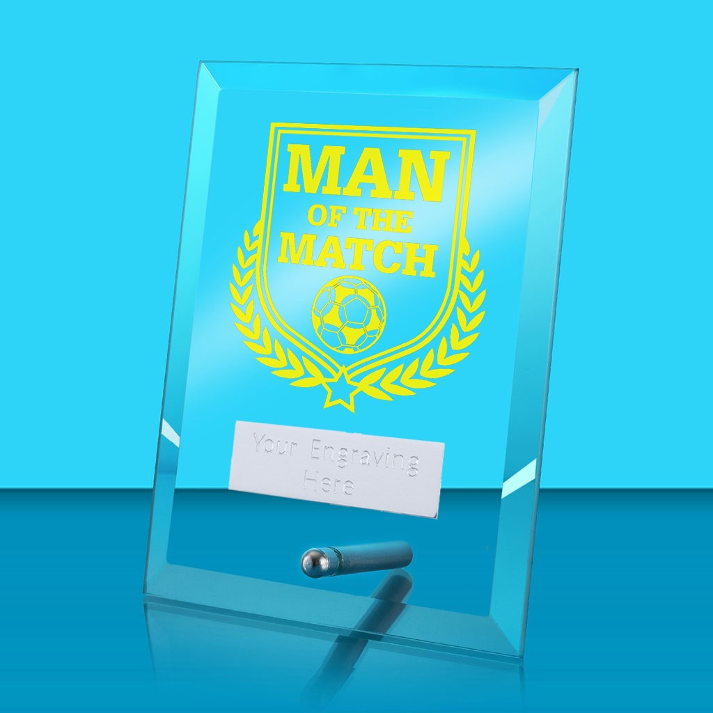 UV Colour Printed Football Man of the Match Glass Rectangle Award with Metal Pin