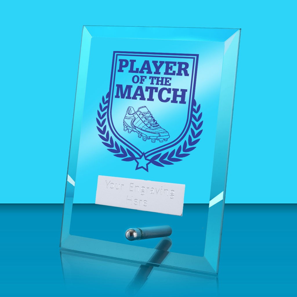 UV Colour Printed Football Player of the Match Glass Rectangle Award with Metal Pin