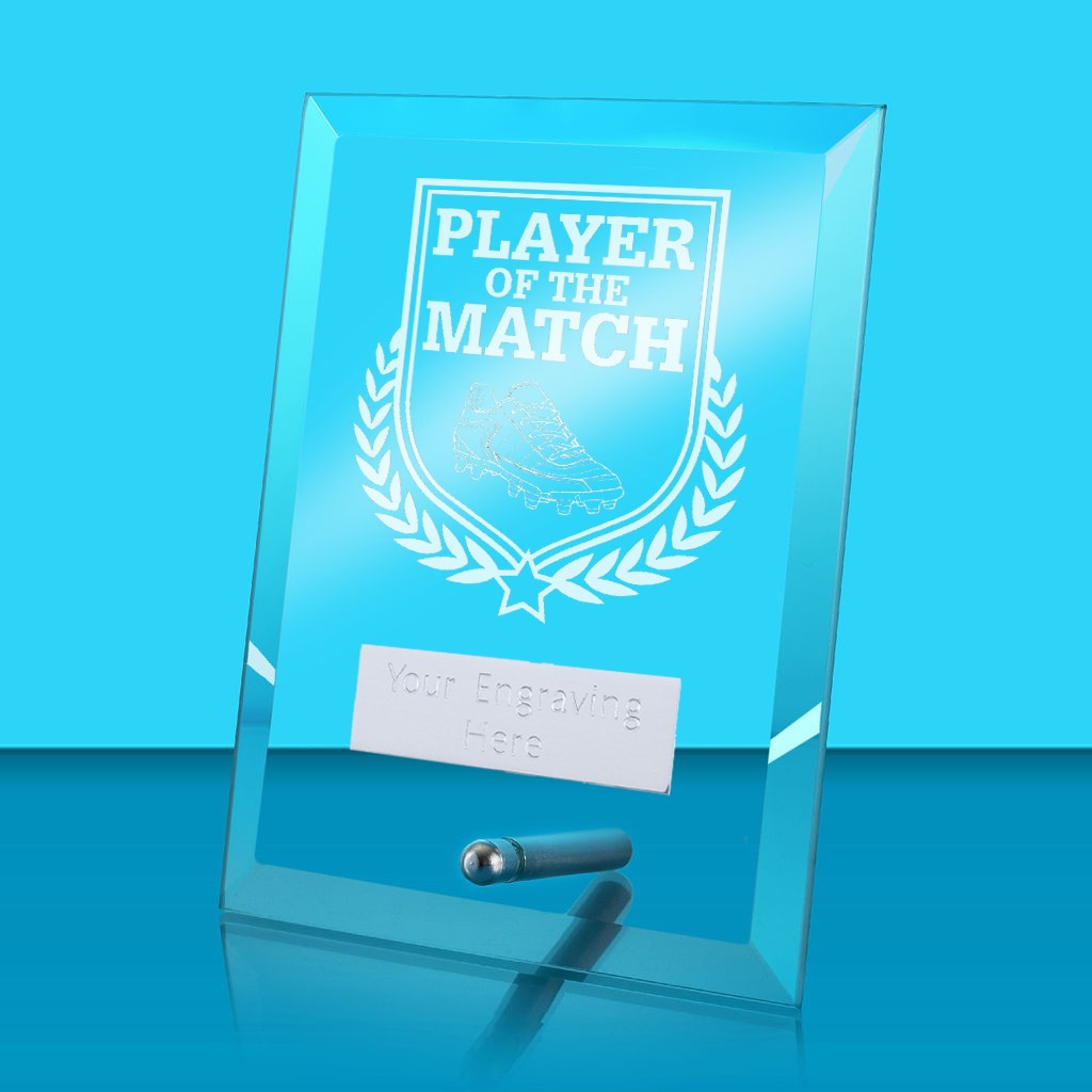 UV Colour Printed Football Player of the Match Glass Rectangle Award with Metal Pin