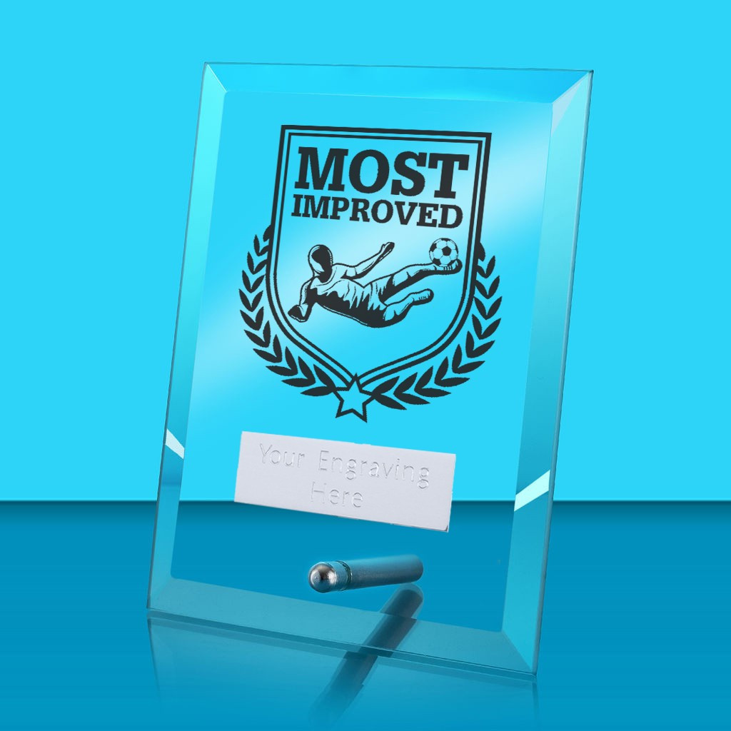UV Colour Printed Football Most Improved Glass Rectangle Award with Metal Pin