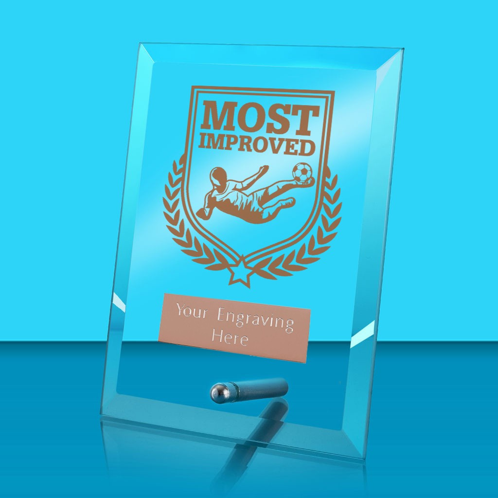 UV Colour Printed Football Most Improved Glass Rectangle Award with Metal Pin
