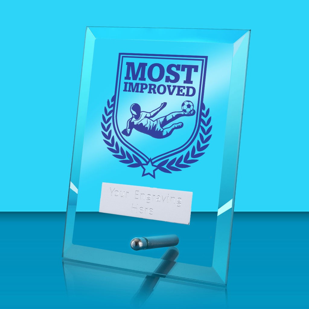 UV Colour Printed Football Most Improved Glass Rectangle Award with Metal Pin