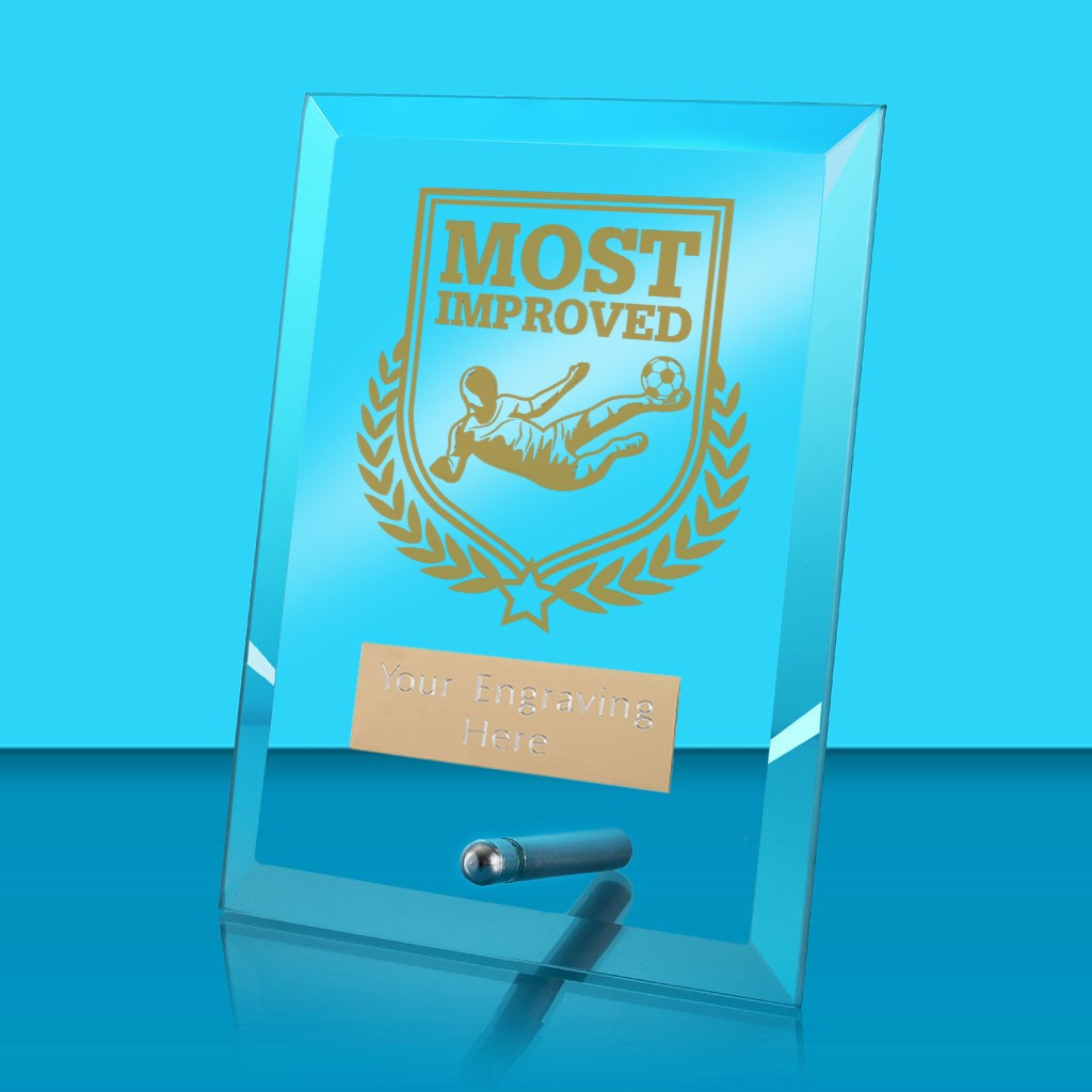 UV Colour Printed Football Most Improved Glass Rectangle Award with Metal Pin