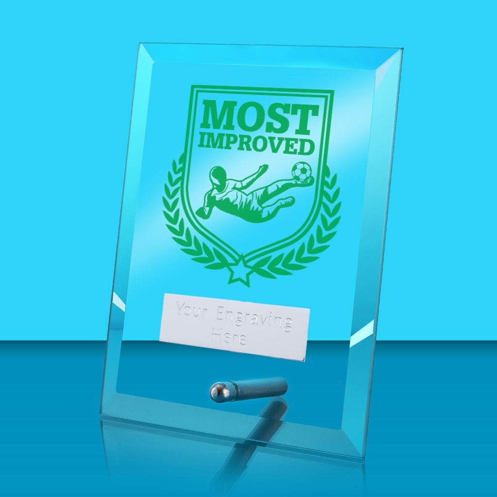 UV Colour Printed Football Most Improved Glass Rectangle Award with Metal Pin
