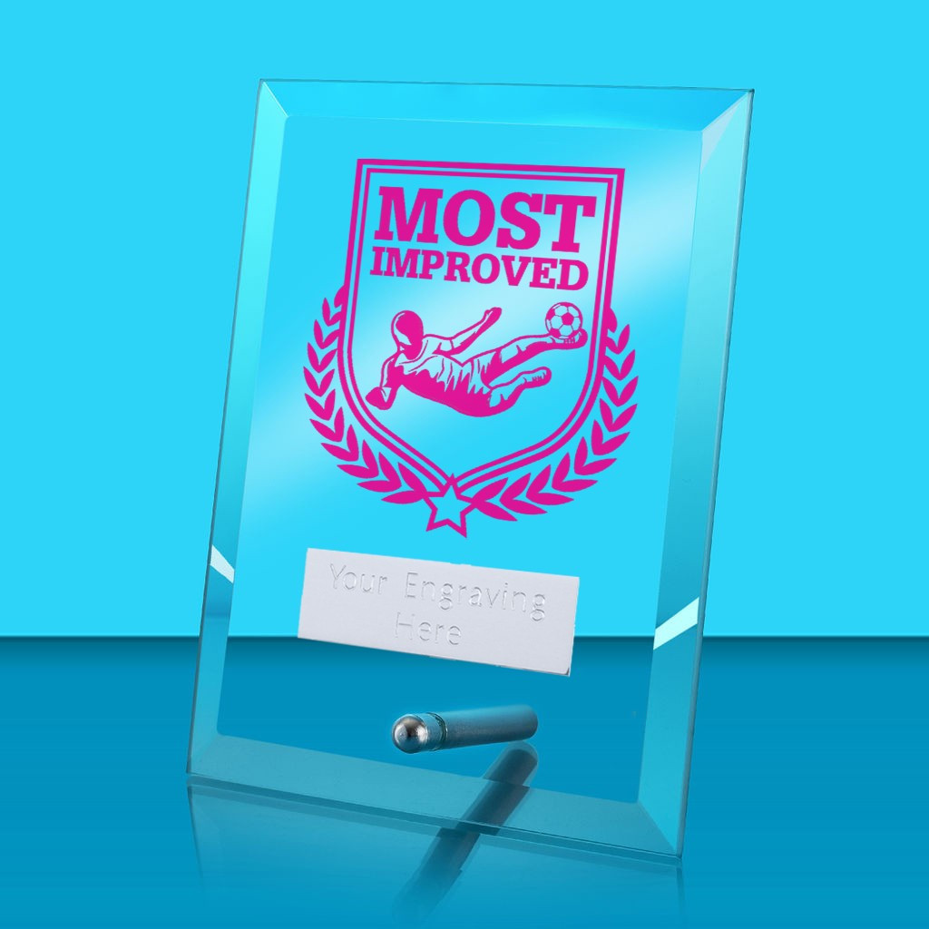 UV Colour Printed Football Most Improved Glass Rectangle Award with Metal Pin
