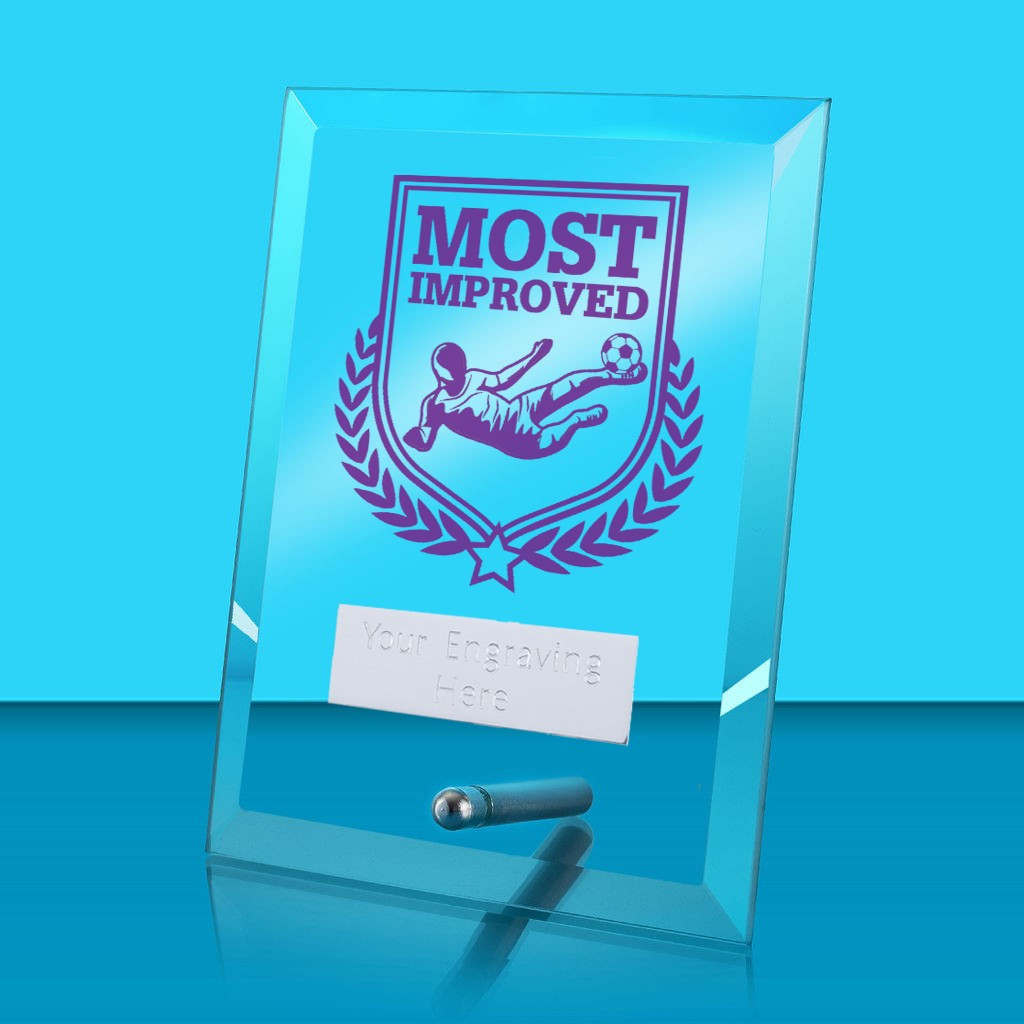UV Colour Printed Football Most Improved Glass Rectangle Award with Metal Pin