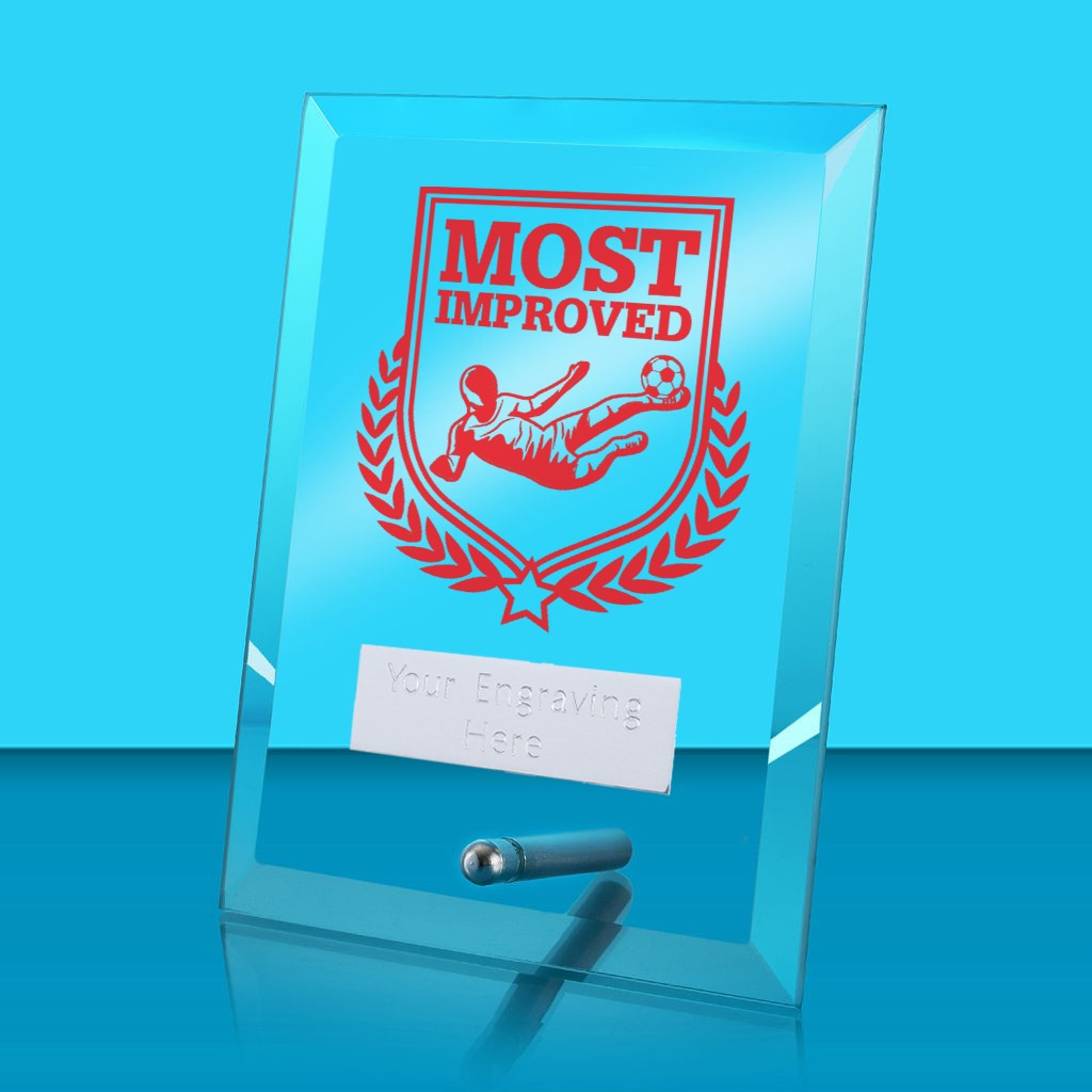 UV Colour Printed Football Most Improved Glass Rectangle Award with Metal Pin