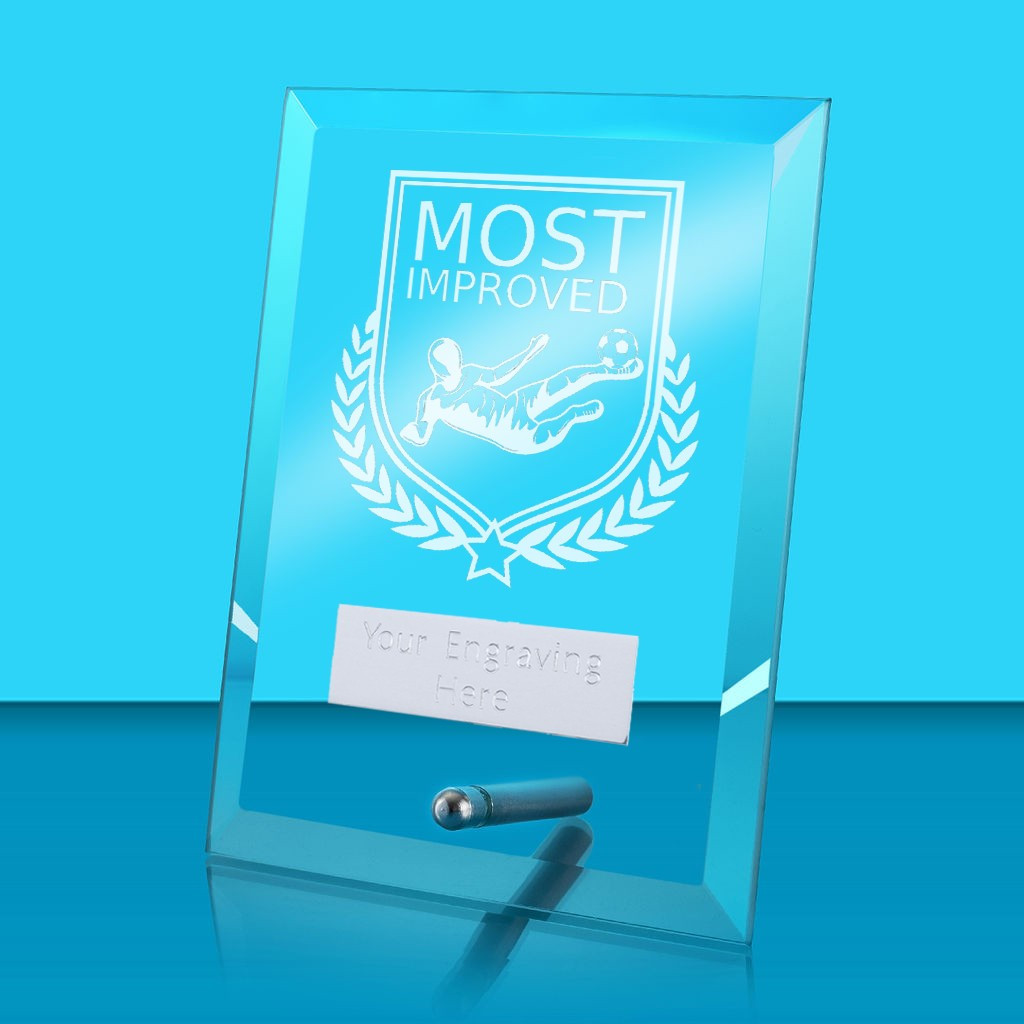 UV Colour Printed Football Most Improved Glass Rectangle Award with Metal Pin