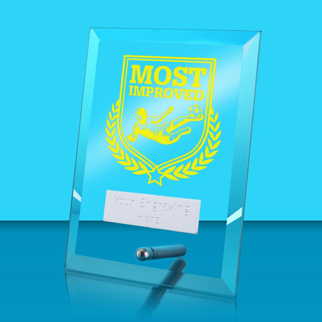 UV Colour Printed Football Most Improved Glass Rectangle Award with Metal Pin