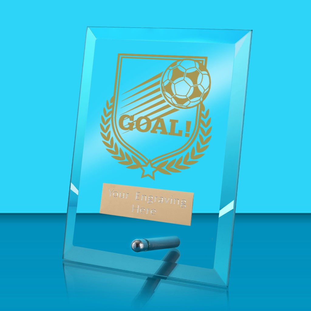 UV Colour Printed Football 'Goal!' Glass Rectangle Award with Metal Pin