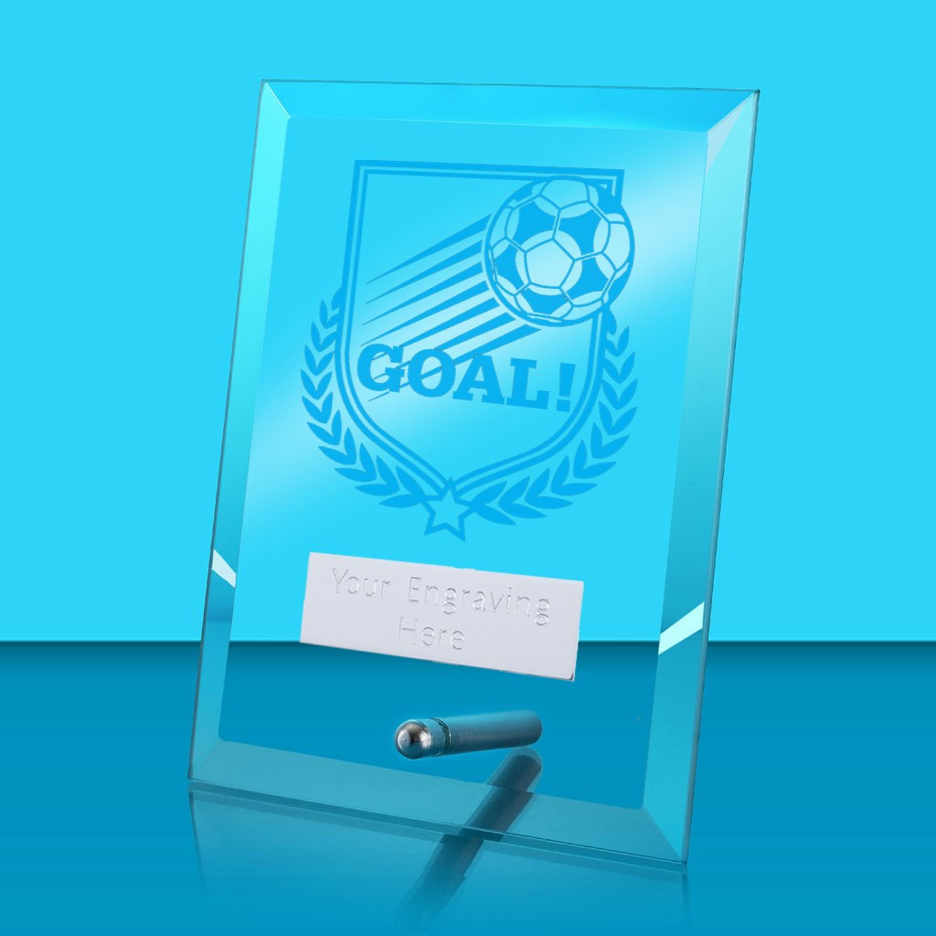 UV Colour Printed Football 'Goal!' Glass Rectangle Award with Metal Pin