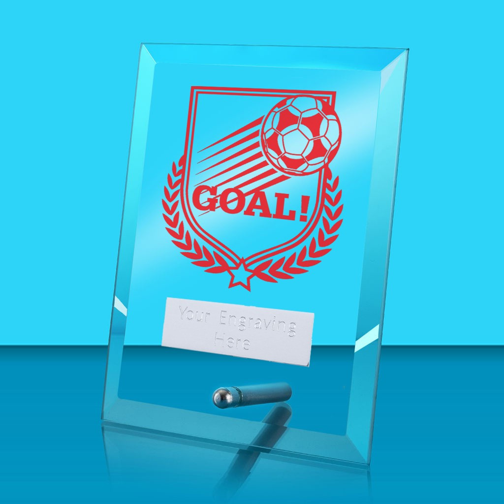 UV Colour Printed Football 'Goal!' Glass Rectangle Award with Metal Pin