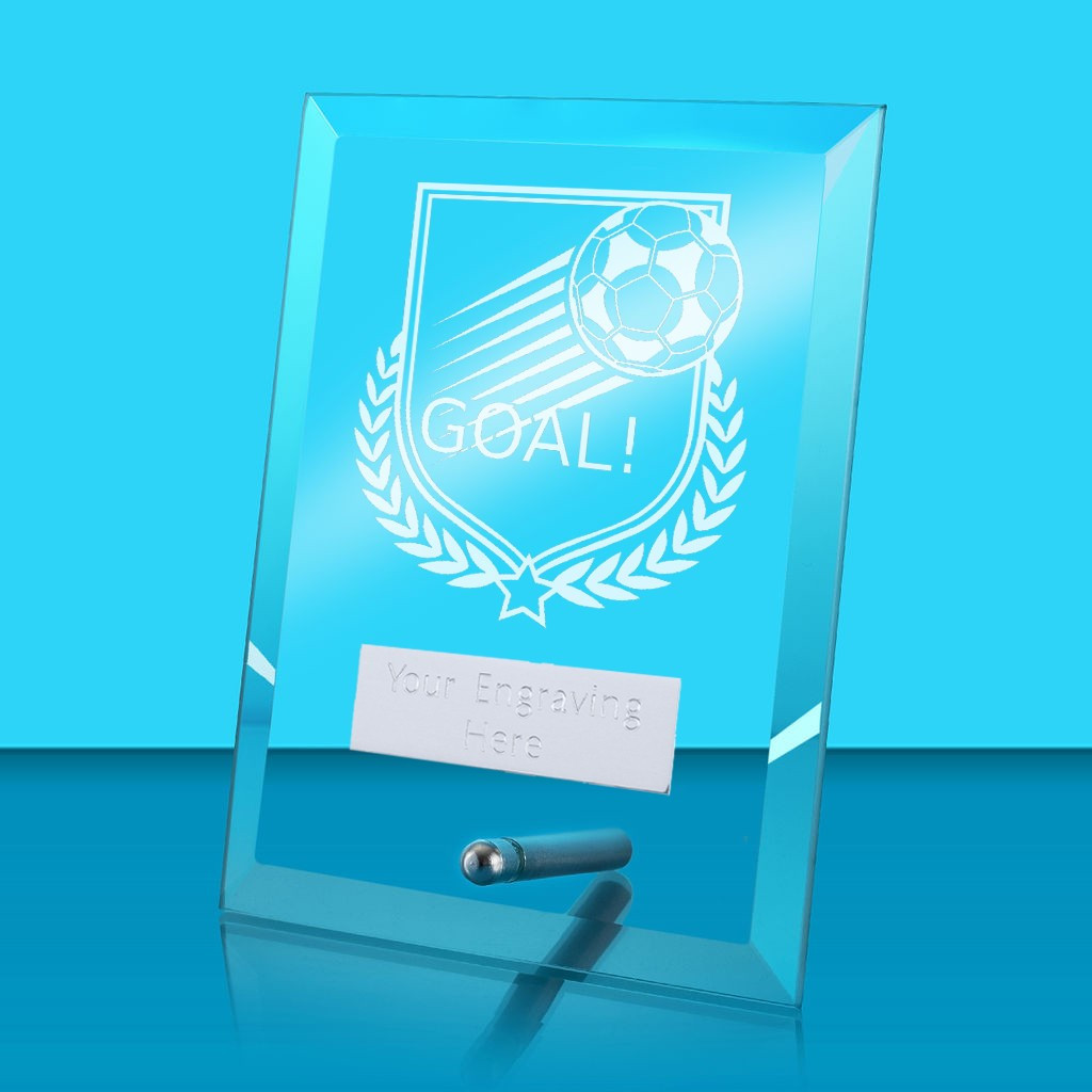 UV Colour Printed Football 'Goal!' Glass Rectangle Award with Metal Pin