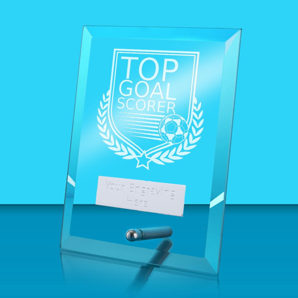 UV Colour Printed Football Top Goal Scorer Glass Rectangle Award with Metal Pin