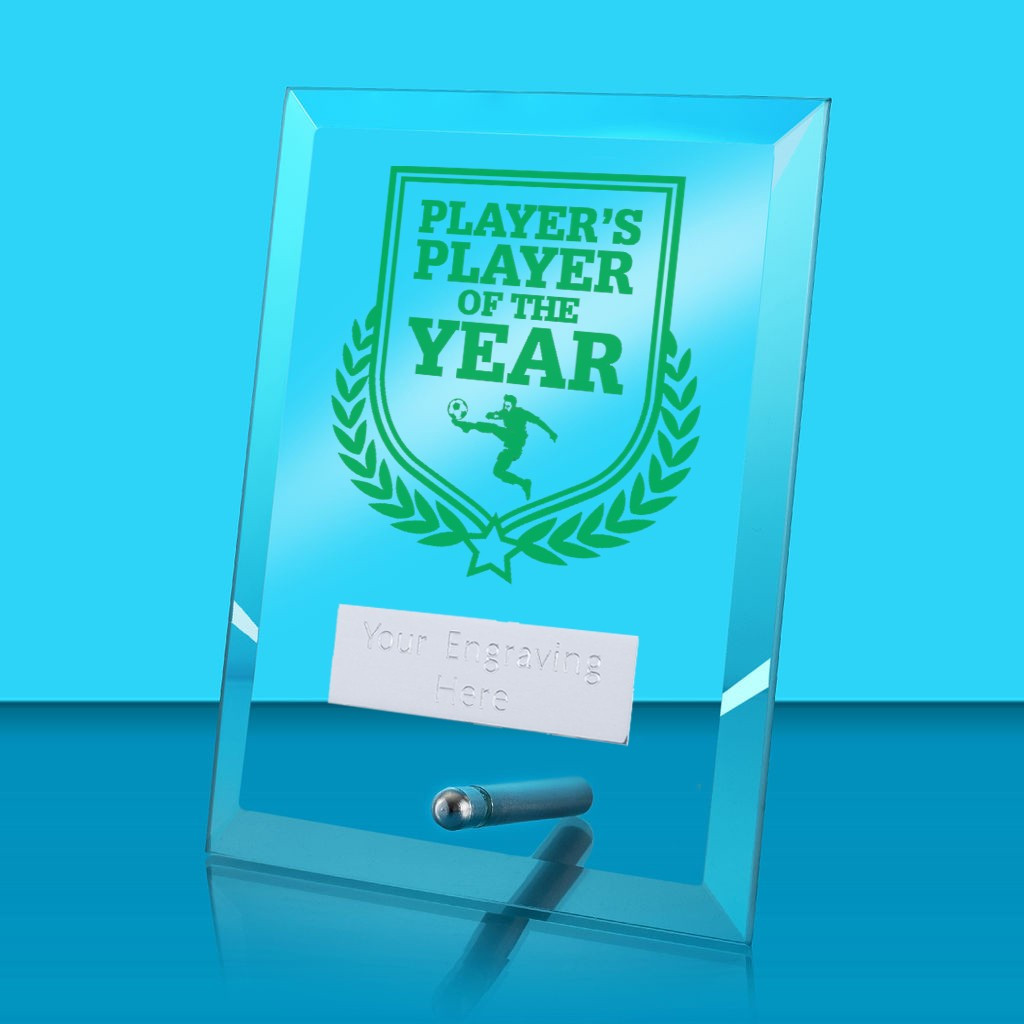 UV Colour Printed Football Player's Player of the Year Glass Rectangle Award with Metal Pin