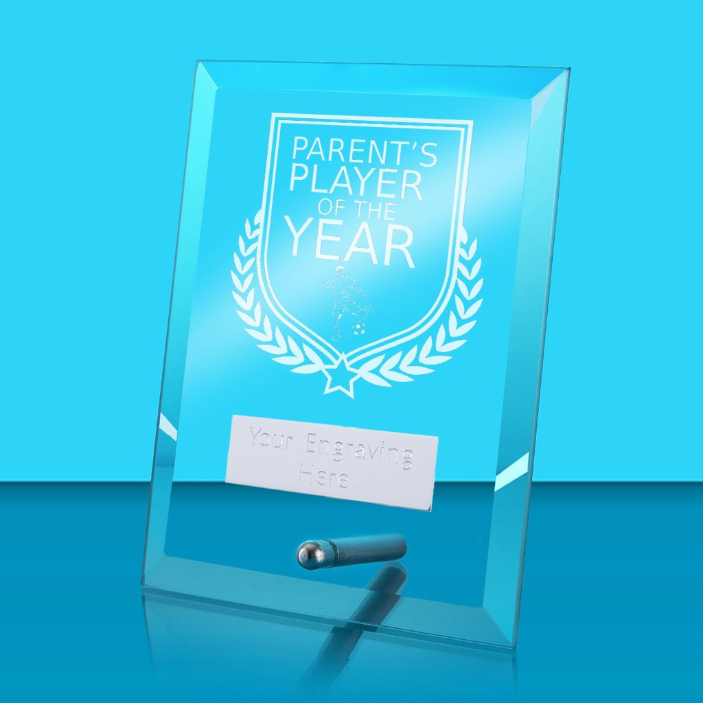 UV Colour Printed Football Parent's Player of the Year Glass Rectangle Award with Metal Pin