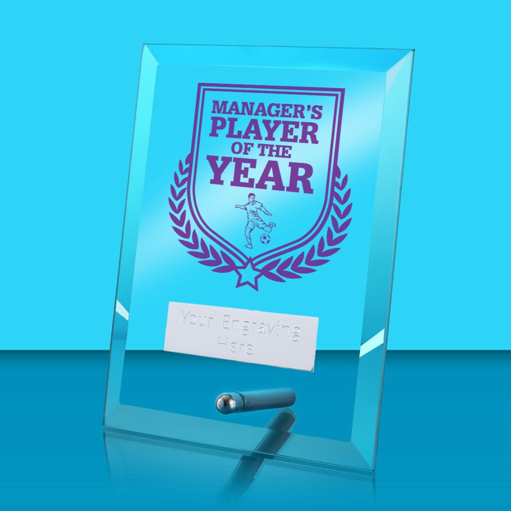 UV Colour Printed Football Manager's Player of the Year Glass Rectangle Award with Metal Pin