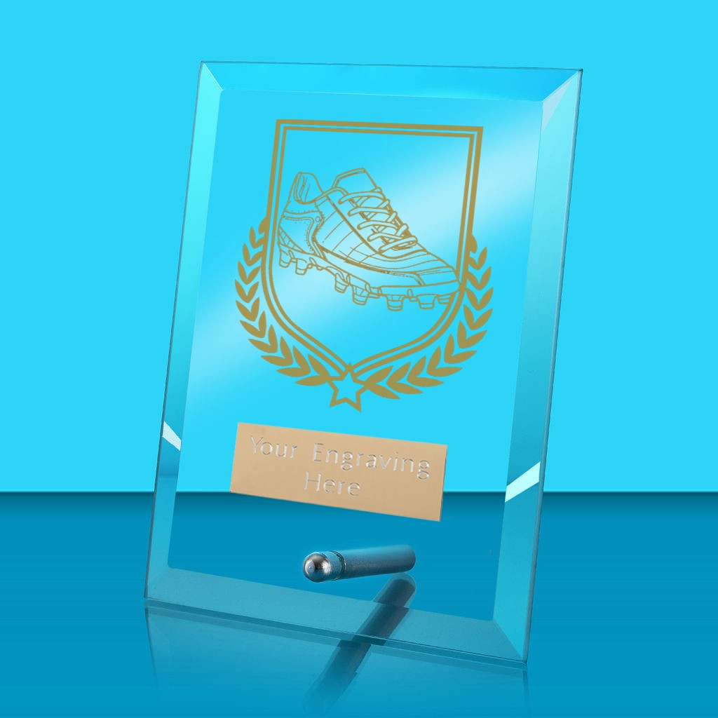 UV Colour Printed Football Boots Glass Rectangle Award with Metal Pin