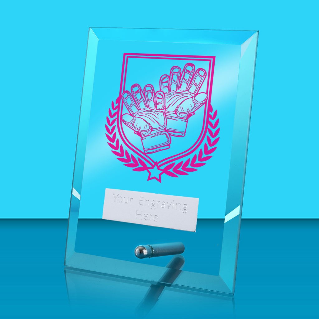 UV Colour Printed Football Gloves Glass Rectangle Award with Metal Pin