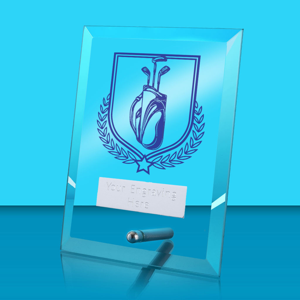 UV Colour Printed Golf Glass Rectangle Award with Metal Pin