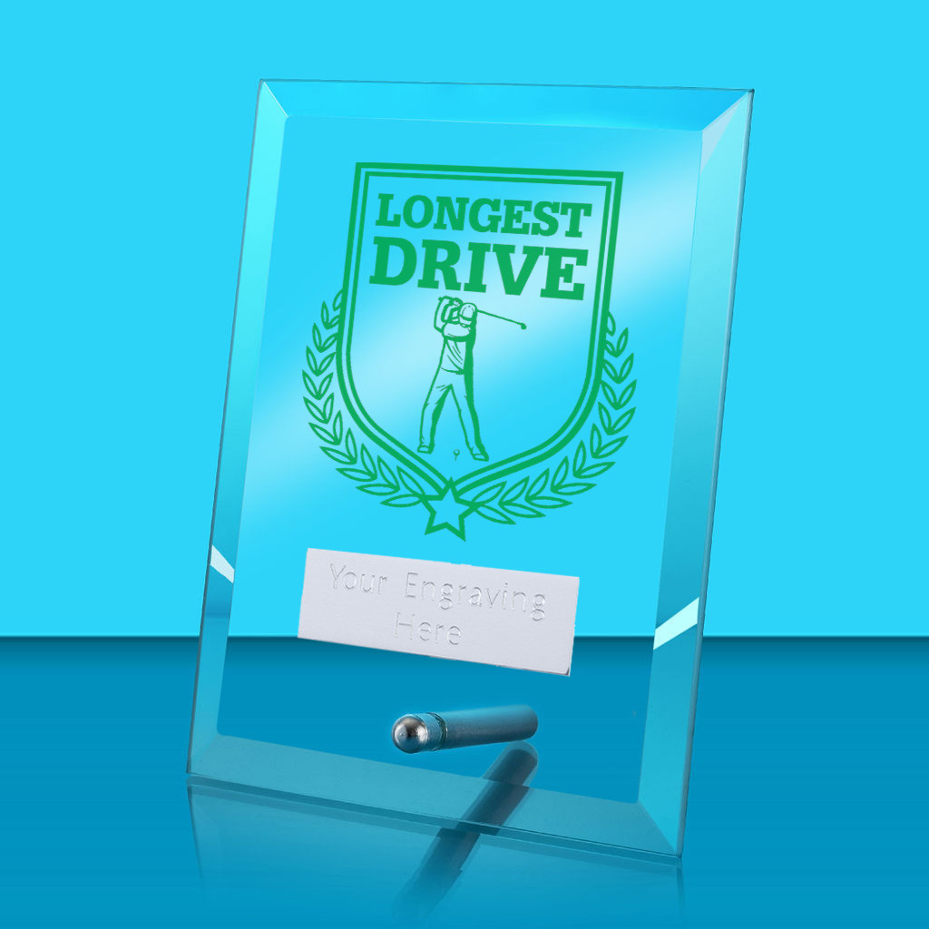 UV Colour Printed Longest Drive Glass Rectangle Award with Metal Pin
