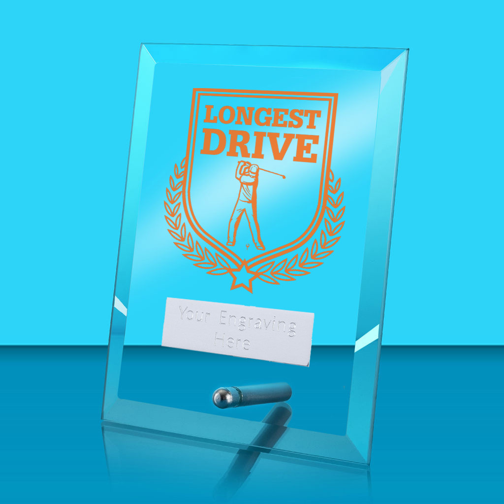 UV Colour Printed Longest Drive Glass Rectangle Award with Metal Pin