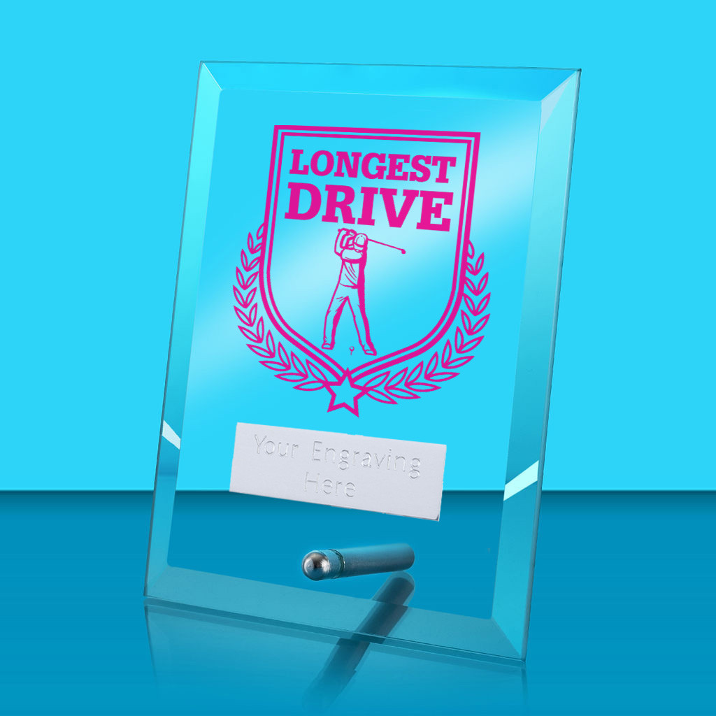 UV Colour Printed Longest Drive Glass Rectangle Award with Metal Pin