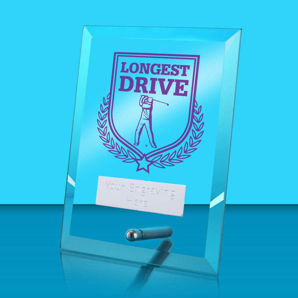 UV Colour Printed Longest Drive Glass Rectangle Award with Metal Pin