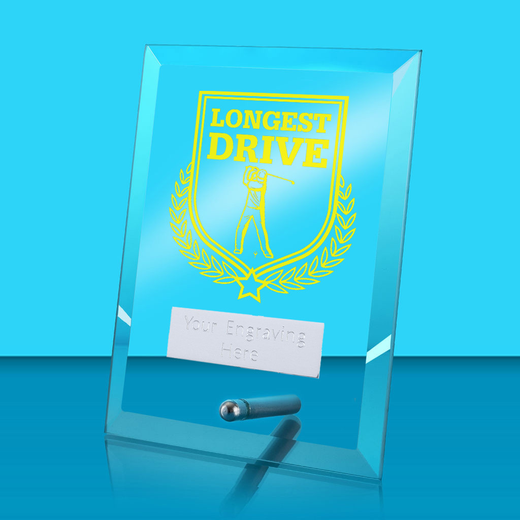 UV Colour Printed Longest Drive Glass Rectangle Award with Metal Pin