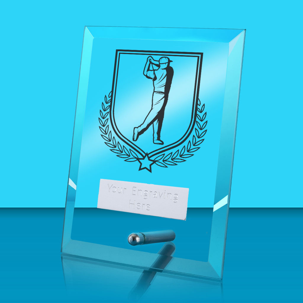 UV Colour Printed Golf Glass Rectangle Award with Metal Pin