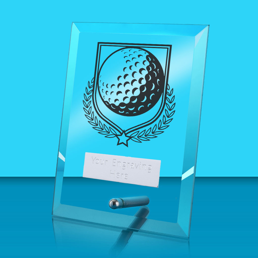UV Colour Printed Golf Glass Rectangle Award with Metal Pin