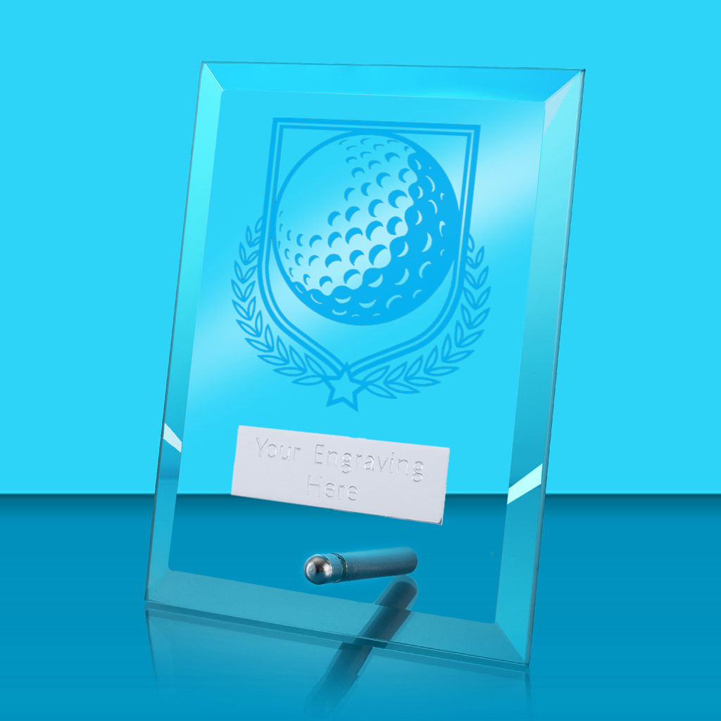 UV Colour Printed Golf Glass Rectangle Award with Metal Pin
